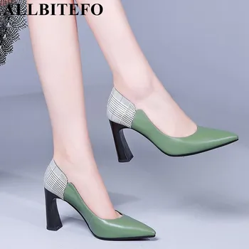 

ALLBITEFO high quality natural genuine leather women heels shoes pointed toe fashion mixed colors girls high heel shoes woman