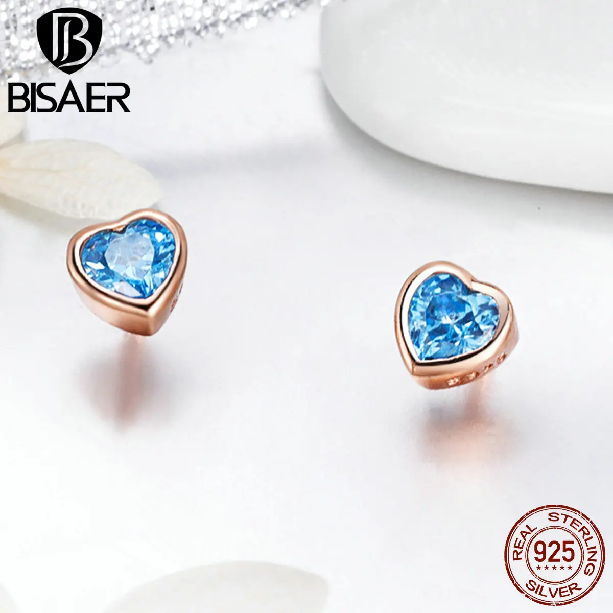 BISAER Аутентичные 925 пробы Серебряное сердце, для влюбленных серьги гвоздики с синим CZ серьги для Для женщин мода серьги ювелирные изделия из жемчуга WEUS452-G