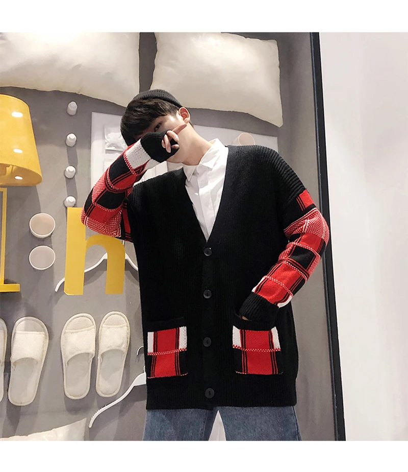 Korean Oversized Sweater Cardigan Men Plaid  (13)