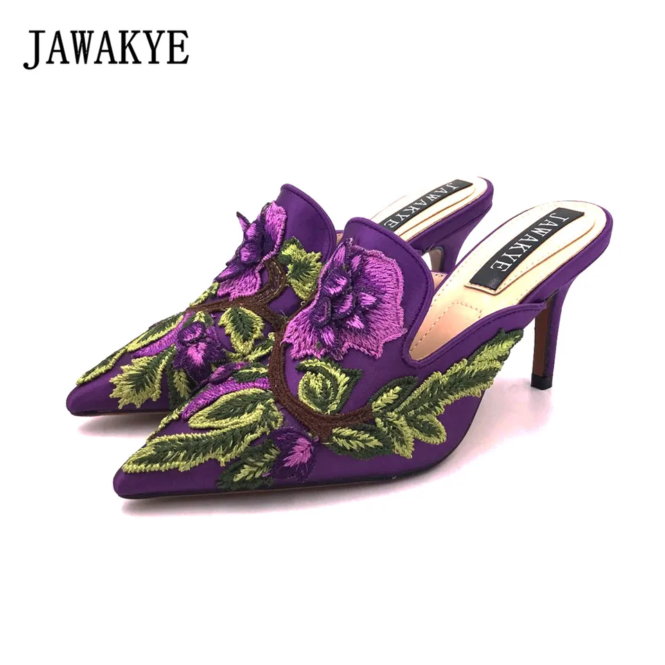 

New Spring Embroidered high heel Slippers Women Purple blue Satin heeled ladies Mules Outdoor slip on Shoes Woman JAWAKYE