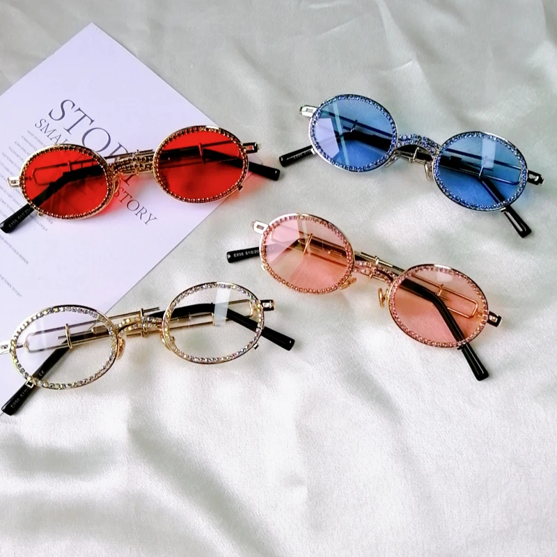 Новые винтажные маленькие овальные солнцезащитные очки с бриллиантами Женские Роскошные модные стимпанк красочные прозрачные линзы со стразами Оттенки UV400 Oculos