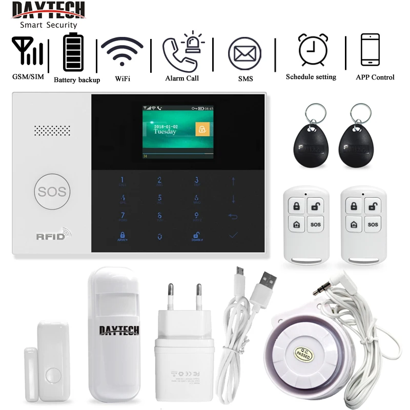 

DAYTECH GSM WiFi Alarm System Security Home PIR Detector Door Sensor APP iOS/Android APP Control TFT Screen 8 Languages
