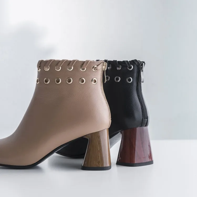 

MLJUESE 2019 women ankle boots soft Cow leather Rome style rivets winter short plush high heels women boots female boots size 40