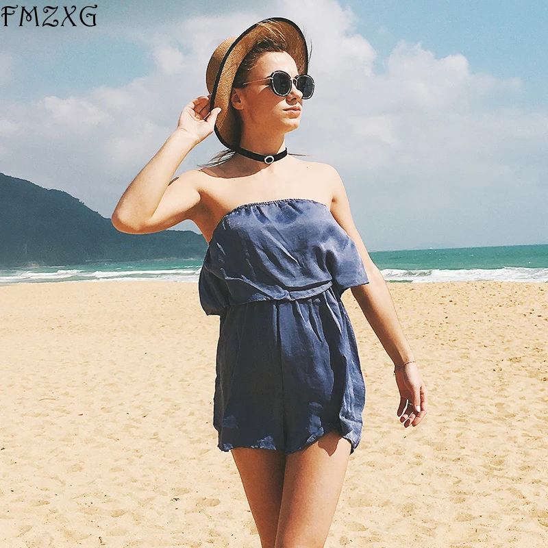 FMZXG New Summer Women Solid Color Strapless Playsuit