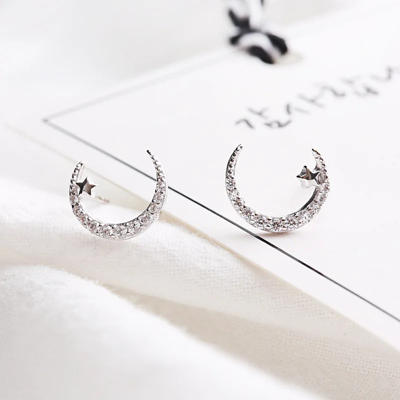 star moon cz earrings 100% 925 Sterling silver Jewelry fashion Hypoallergenic Stud earrings for women gift