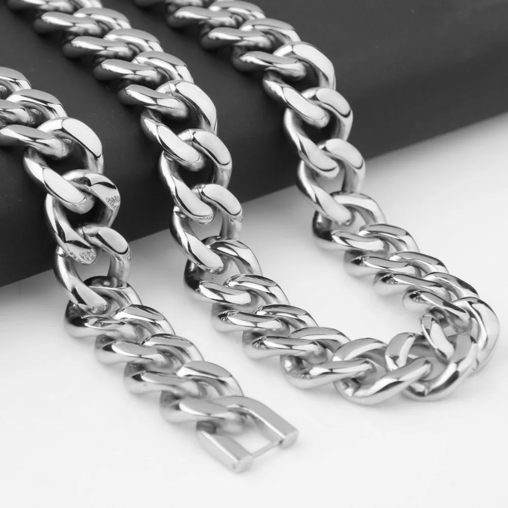

15mm 7-40inch Sporty Heavy Stainless Steel Link Polished Silver Cuban Curb Chain Men's Boy's Necklace Or Bracelet Daily Jewelry
