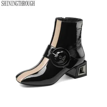 

Genuine Leather Women Ankle Mixed Color Women Boots Fashion Zipper Square High Heel Women Shoes Ladies Party Dancing Shoes