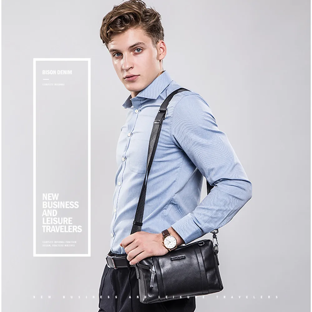 البيسون الدنيم 100% ضمان جلد طبيعي Crossbody حقيبة أسود حقيبة ساعي بريد للرجال المرأة حقيبة صغيرة سستة محفظة N8016