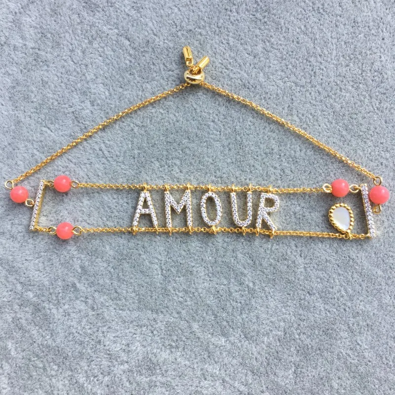 

925 Sterling Silver Inlaid Zircon Gold Letter Bracelet Fashion Jewelry Fits Monaco Jewelry with Women Party Gifts