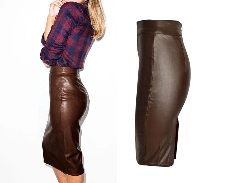 2017 European and American women's high waist Slim stretch brown leather imitation leather denim skirt (3)