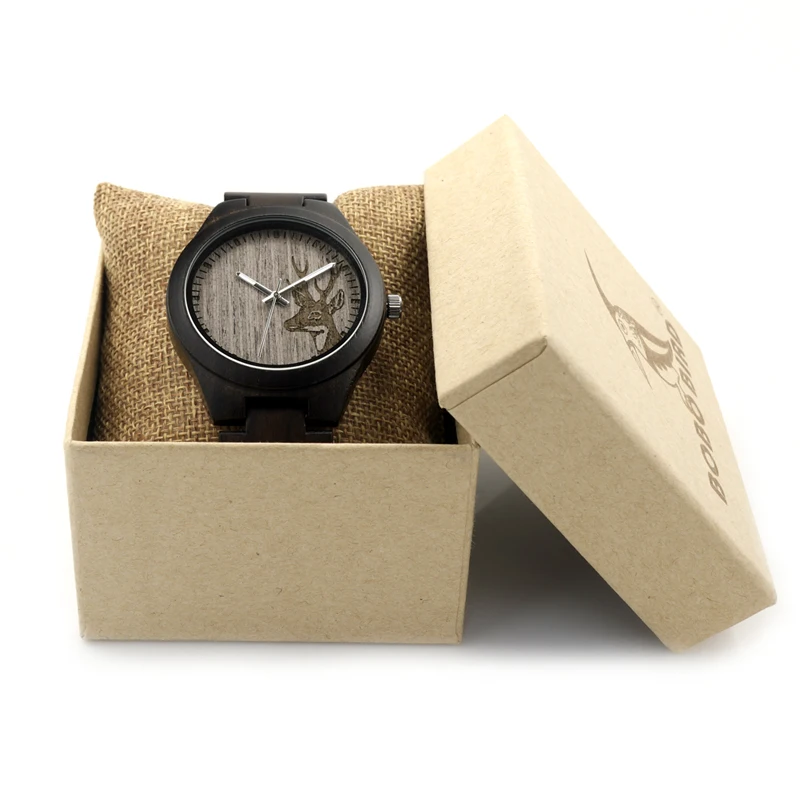 BOBO BIRD I26 Mens Unique Ebony Wooden Watches Deer Head Dial Casual Quartz Wrist Watches With Wood Links In Gift Watch Box