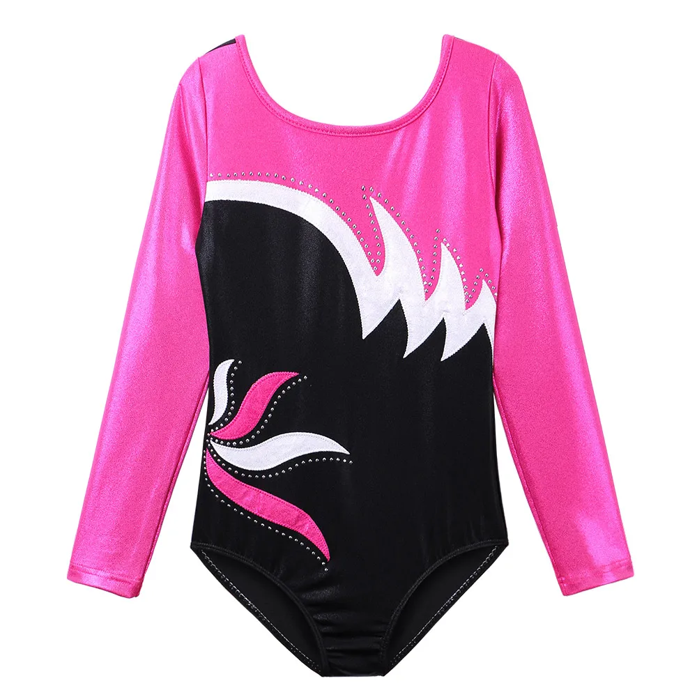 BAOHULU Long Sleeve Gymnastics Leotard for Girls Youth Black HotPink Patchwork Toddler Leotards Athletic Costume Kids Dance Wear