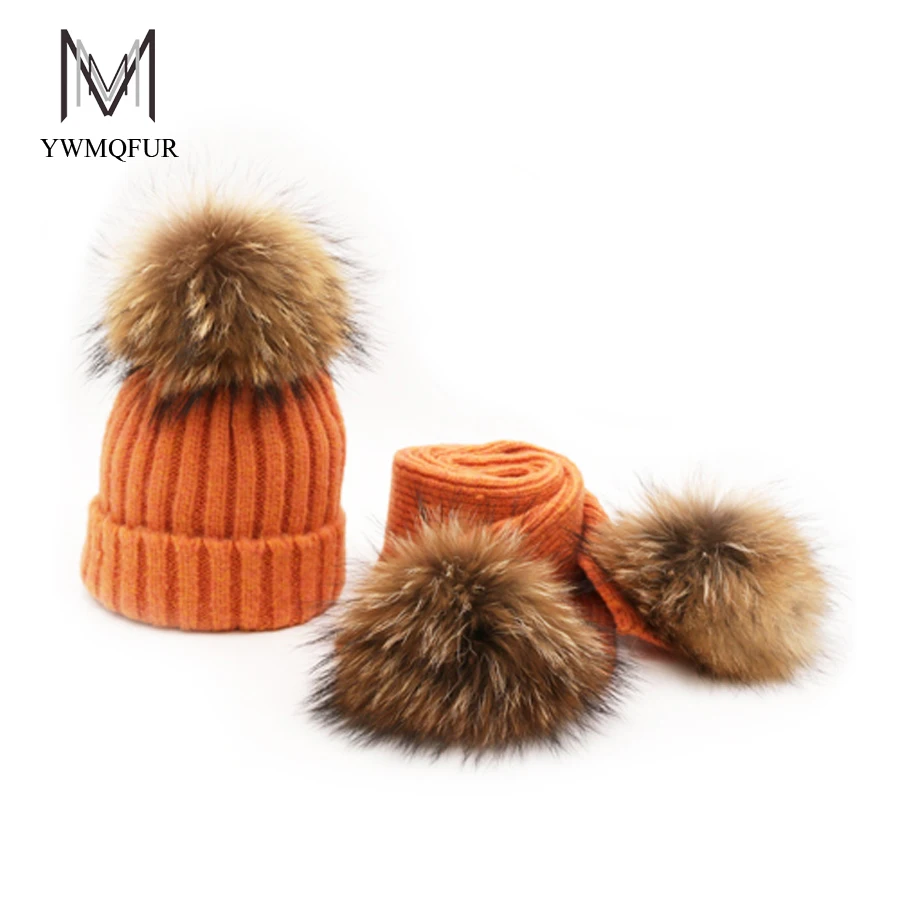 

YWMQFUR Women Winter Hat and Scarf Women Winter Long Knit Fur shawl Hat Scarves Set Real Raccoon Fur Pompom Hat Scarf Boys Girls