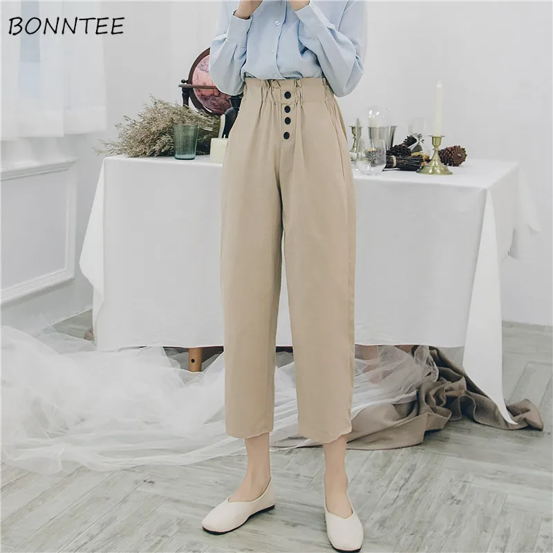 

Pants Women School High Waist Single Breasted Elegant Pant Chic Womens Elastic All-match Solid Straight Capris Female New Casual