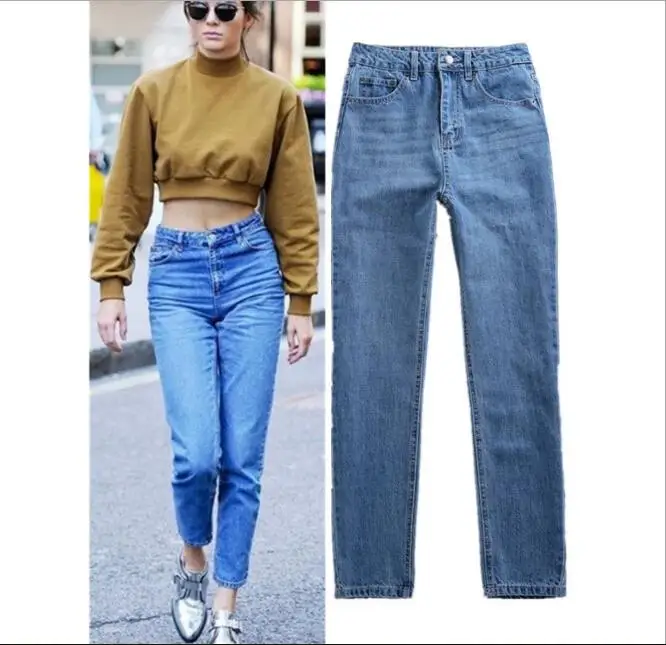 Vintage High Waist Jeans Trousers Female Blue Color Regular Straight Denim Cotton Casual Jeans Long Pants