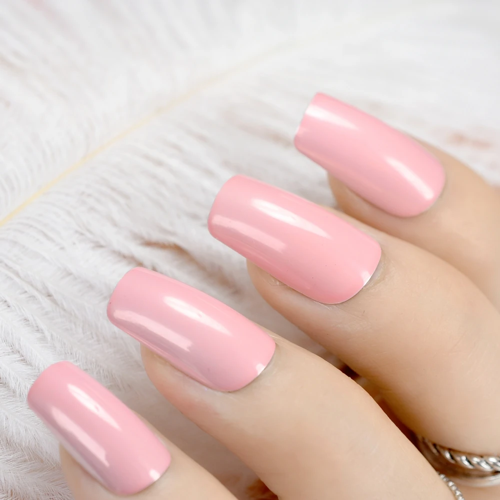 Long Cream Pink Press On Nails Tips False Shiny Acrylic ...