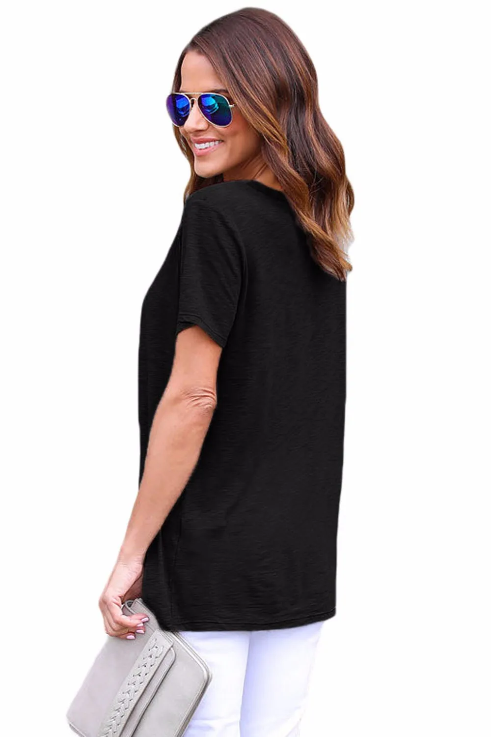 Black-Short-Sleeves-Lace-up-Slub-Cotton-Tee-LC250014-2-2