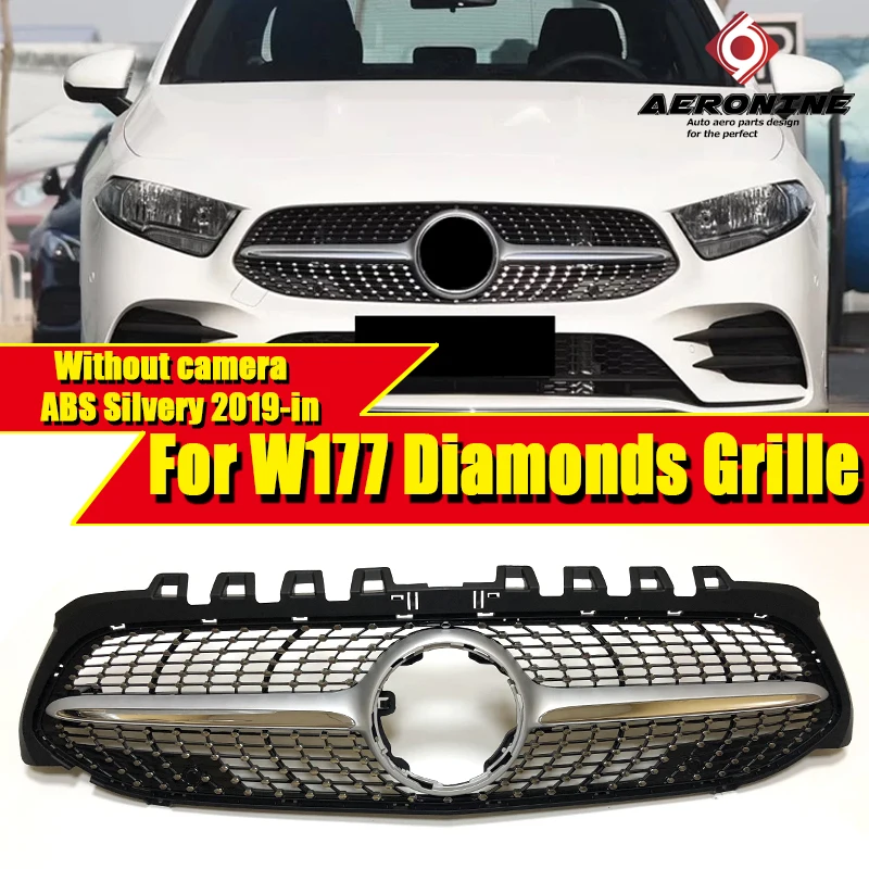 W177 Алмазный Стиль Гриль без камеры для MercedeMB A класс A180 A200 A250 ABS Серебристая Решетка переднего бампера без знака