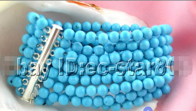 

S385 8ROW 8MM ROUND NATURE SKY-BLUE TURQUOISE BRACELET 925SI @^Noble style Natural Fine jewe SHIPPING 6.02