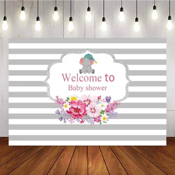 

NeoBack Little Elephant Gray White Stripe Backdrop Welcome To Baby Shower Party Background Photography Decorations Props