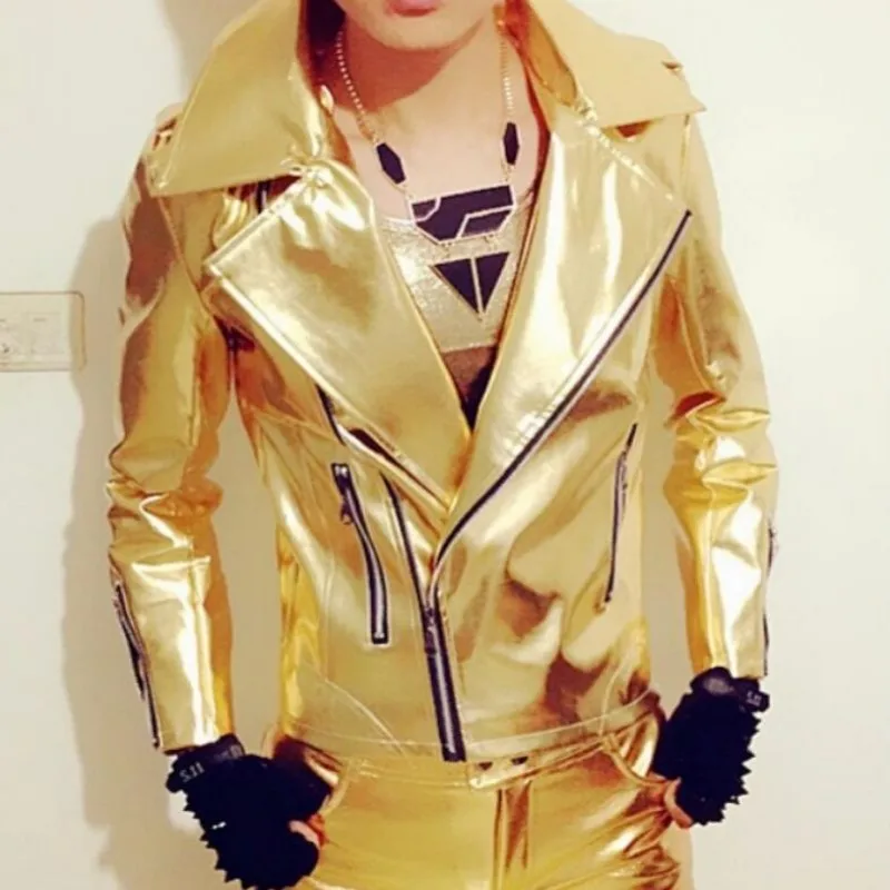 

Brand New Mens Punk Rock Singer Jackets PU Leather Motorcycle Jackets Male Cosplay Jacket Gold Silver Color Free Shipping 3XL