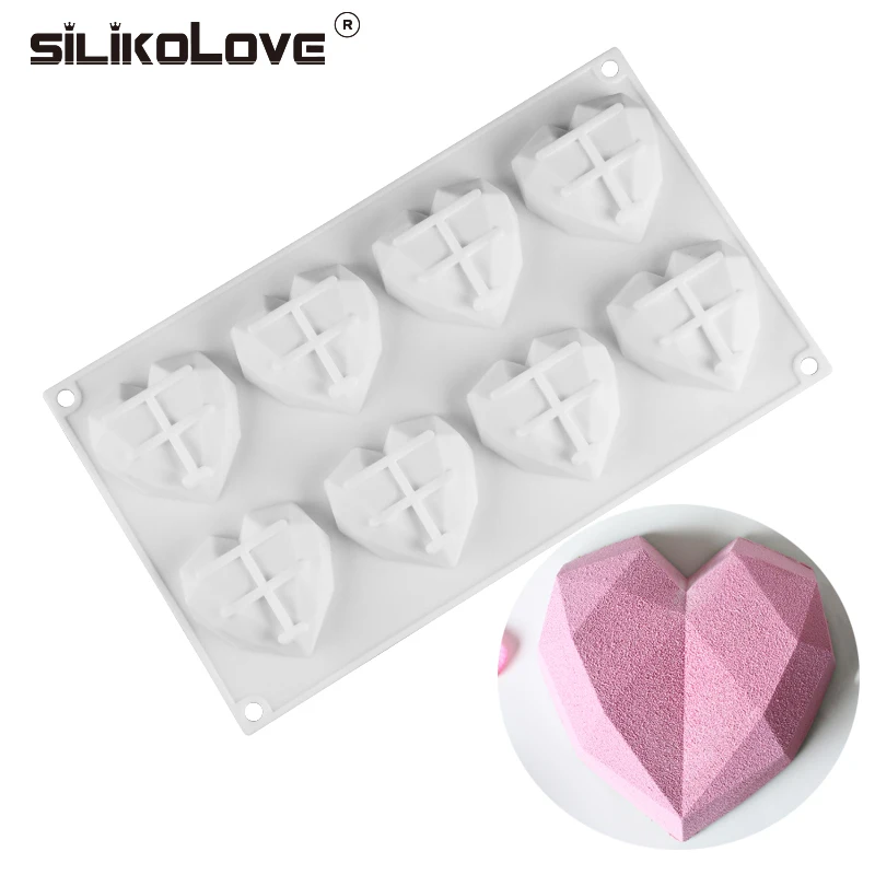 

SILIKOLOVE 8-Cavity Diamond Love Heart-Shaped Silicone Molds for Sponge Cakes Mousse Chocolate Dessert Bakeware Pastry Mould