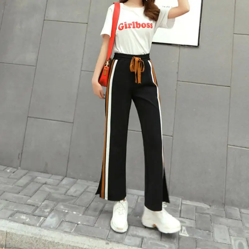 2018 New Women's Casual Fashion Long Nine Pants Ladies Girls Wide Open Leg Pants Color Strips 
