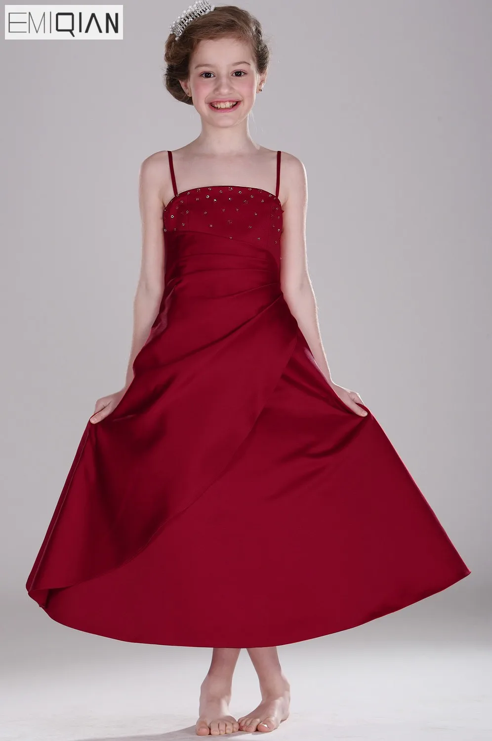 Freeshipping New Arrival Cute Spaghetti Straps A Line Beaded Satin Flower Girl Dressin Flower