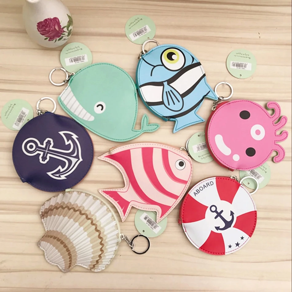 

2017 Creative Cute Ocean Animal Coin Purse Key Chain Women Girl PU Leather Shell Whale Squid Zipper Change Wallet Card Holder