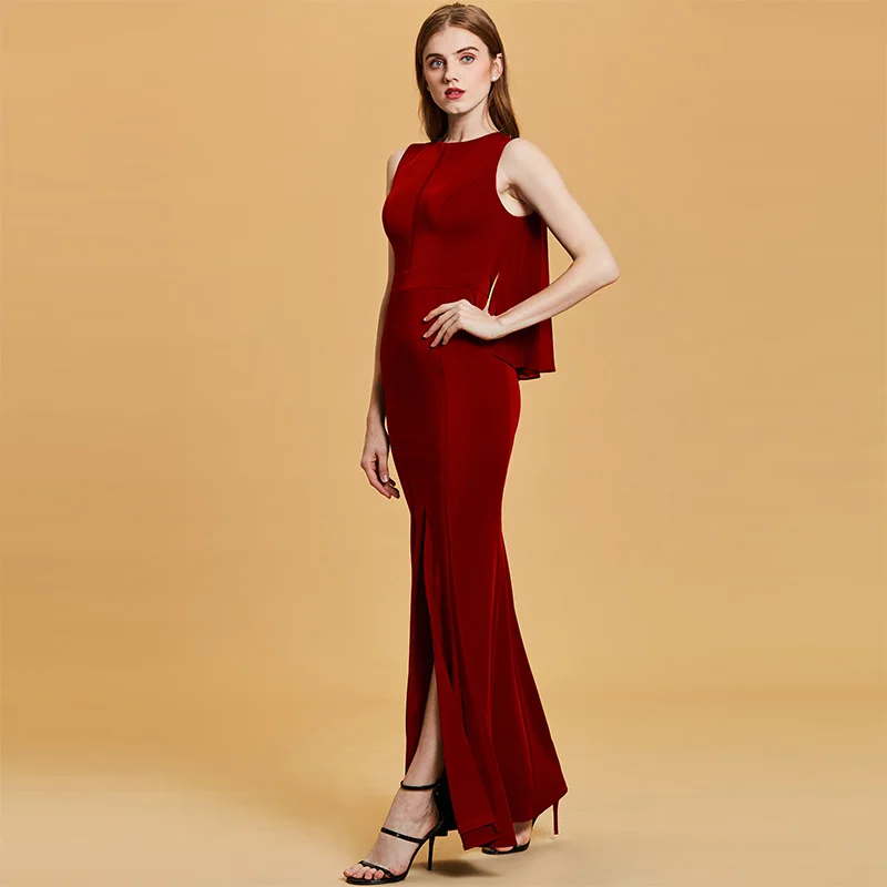 

Tanpell split front evening dress dark navy sleeveless floor length gown women scoop prom formal long mermaid evening dresses
