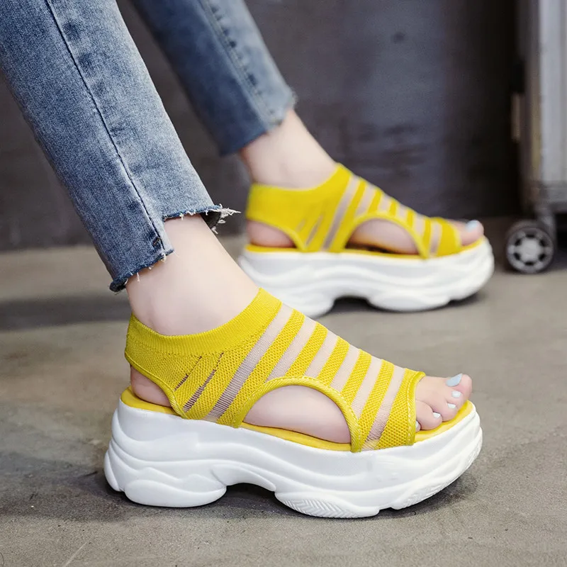 

2019 thick bottom sandals female elastic cloth spring and summer tide knit sports casual shoes old shoes wild comfortable shoes