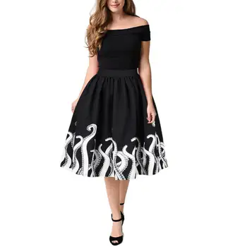 

New Evening Party Summer Women 3D Octopus Print High Waist Skater A-line Midi Skirt