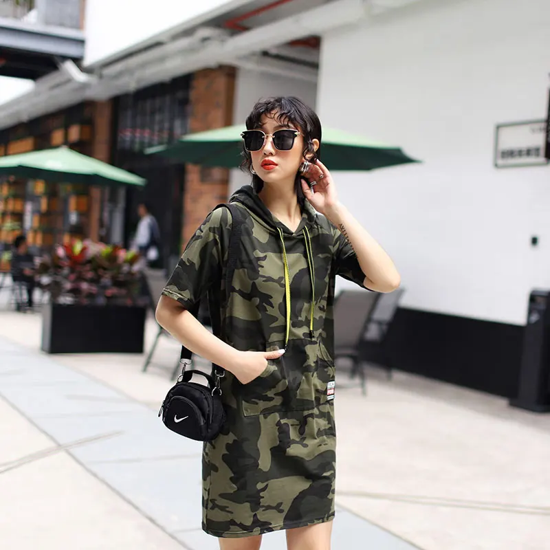 

Camouflage Hooded Hoodies Women Spring Dress Plus Size Short Sleeve Military Sweatshirt Dresses High Quality Casual Streetwear