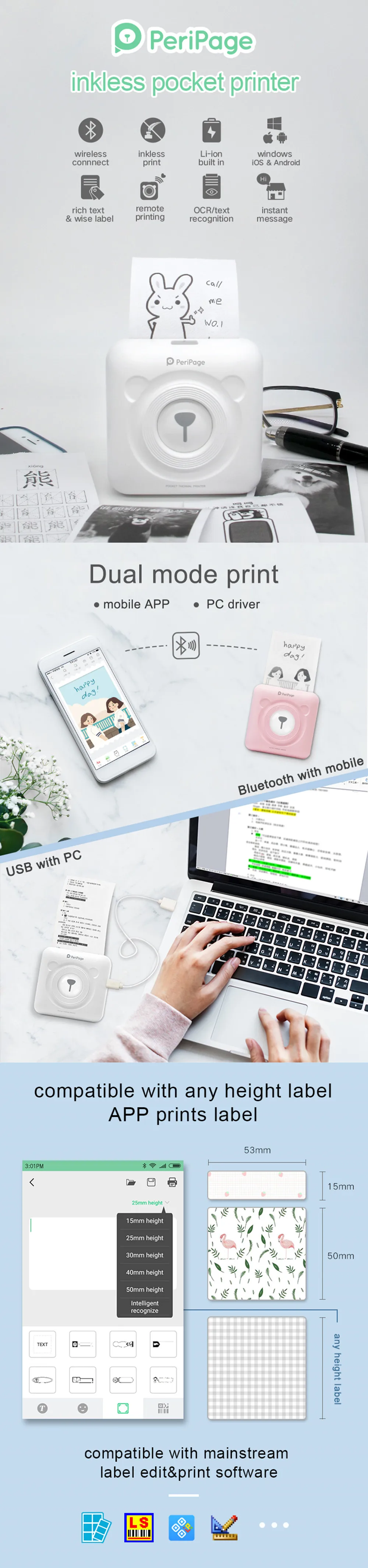 Мини-портативный фотопринтер термопринтер Bluetooth для iPhone Android бесплатное приложение Стикеры получения принтер 6 рулонов этикеток GOOJPRT