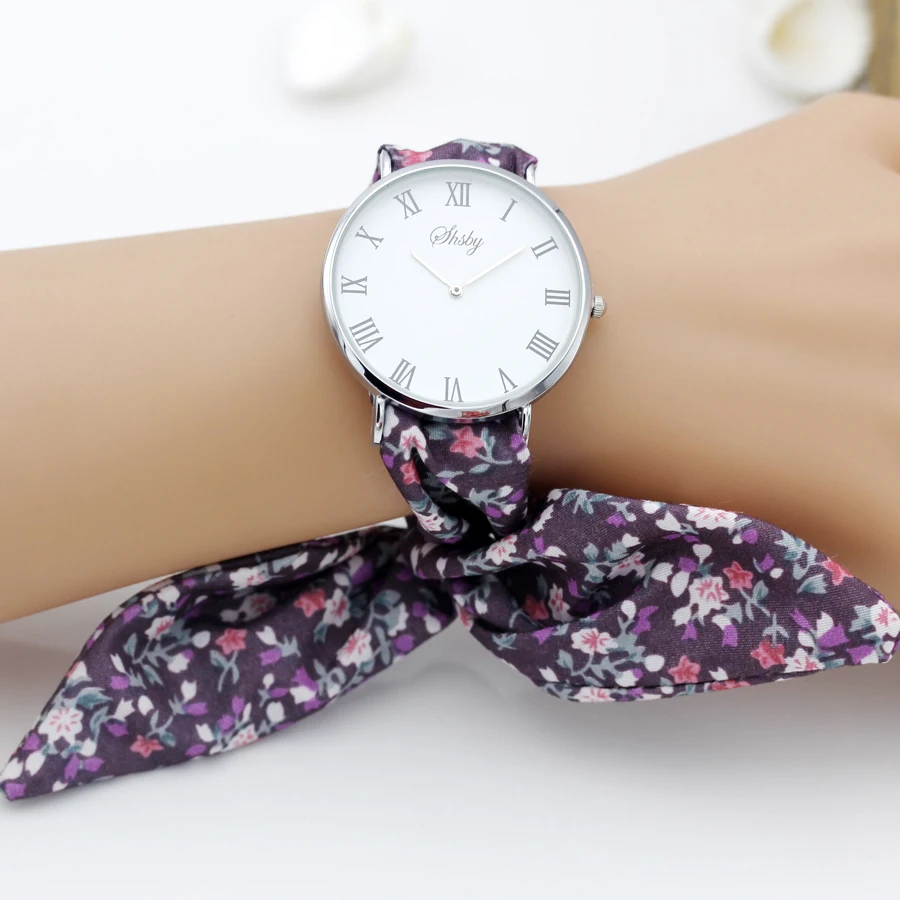 Shsby бренд леди цветок ткань наручные часы в римском стиле Серебряные женские платье часы высокого качества часы с тканевым ремешком сладкий женский браслет для часов