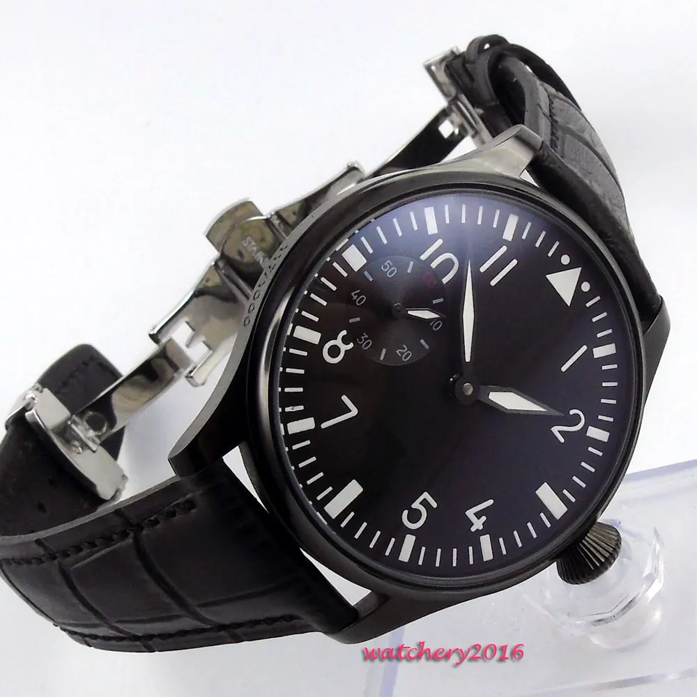 

44mm parnis black dial pvd case Deployment Bucket Luminous Hands 17 jewels 6497 movement Hand Winding Mechanical Men's Watch