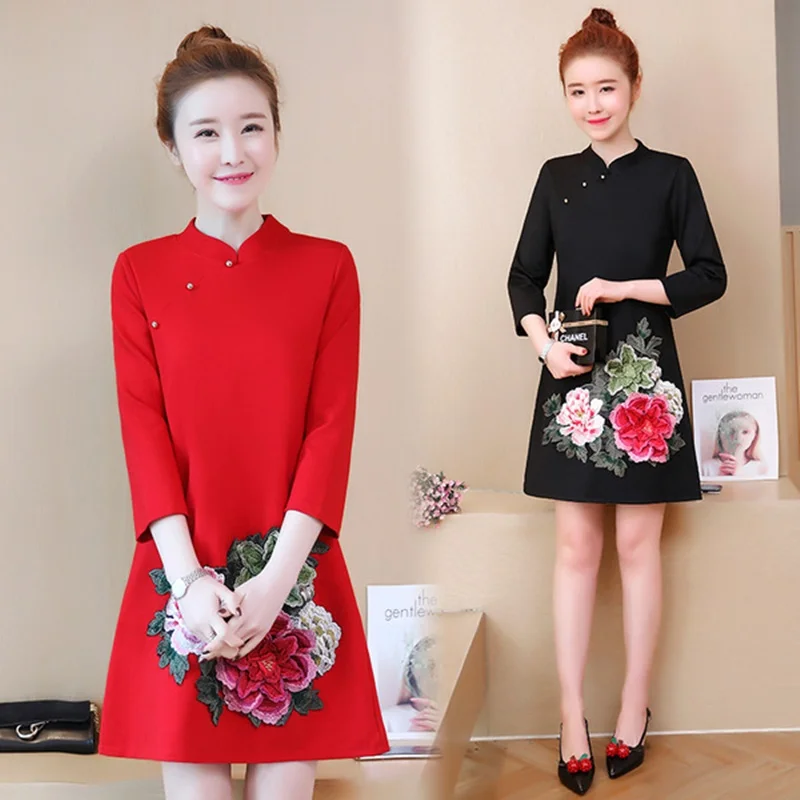 Женское платье осень Cheongsam Qipao женское восточное платье размера плюс Красное Ретро Новогоднее платье Элегантное китайское платье TA1599