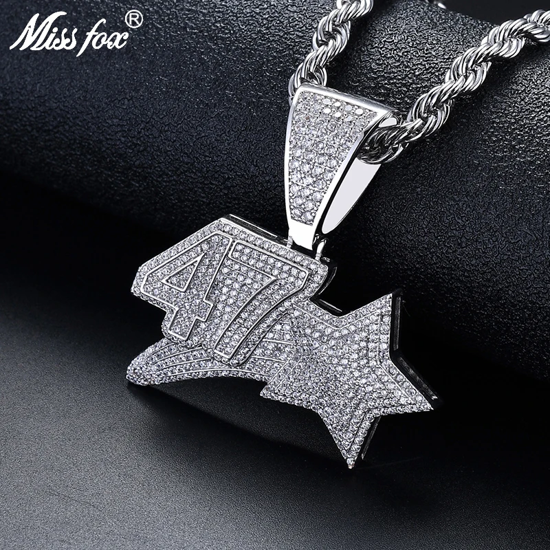 

Missfox Creative Number 47 Stars Military Pendants Necklaces Men's Charms Full Lab Diamond Hip Hop Jewelry Gold Tennis Chain