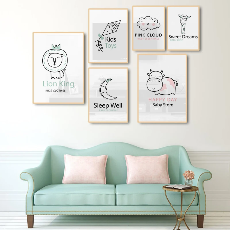 Nordic Nursery Wall Art Lion Moon Cow Giraffe Canvas Painting Wall Decor Posters and Prints Kids Bedroom Decoration