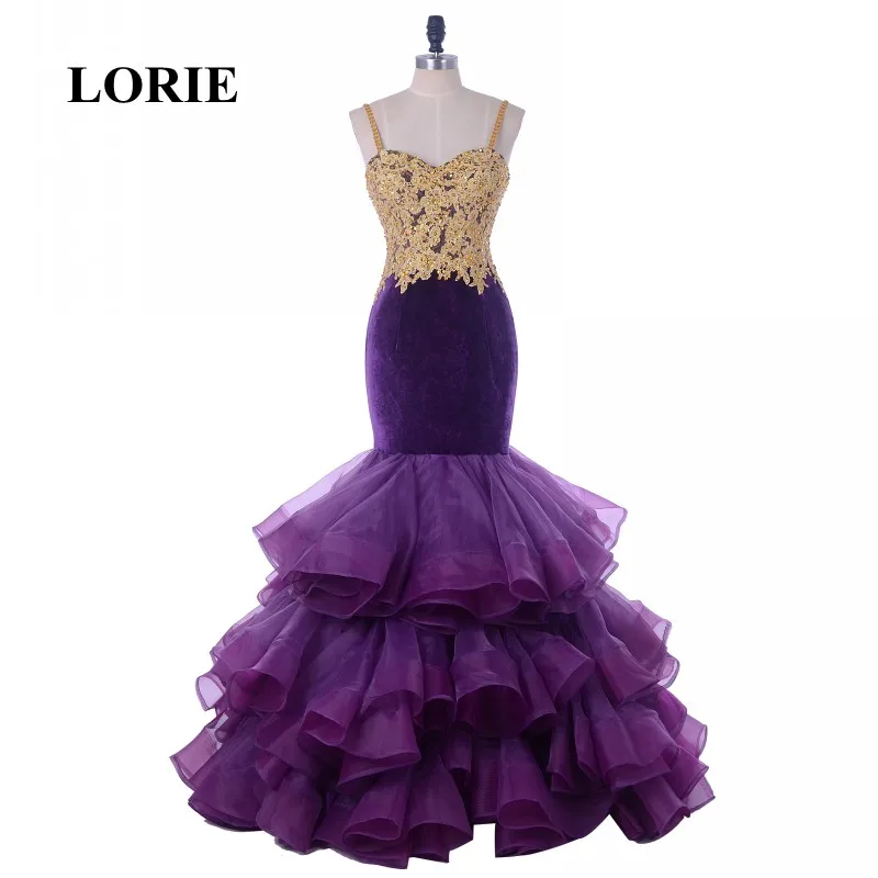 

LORIE Evening Dresses Long Dresses for Wedding Party Sweetheart Appliqued Gold Lace Velvet Organza Purple Mermaid Prom Dress