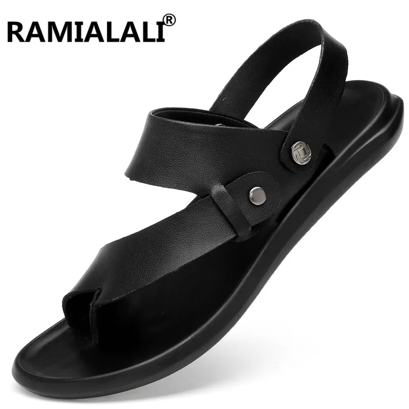 

Summer Men Flat Sandals Fashion Men Genuine Leather Sandals Rubber Male Sandal Summer Beach Sandals Slippers Big Size 37-45