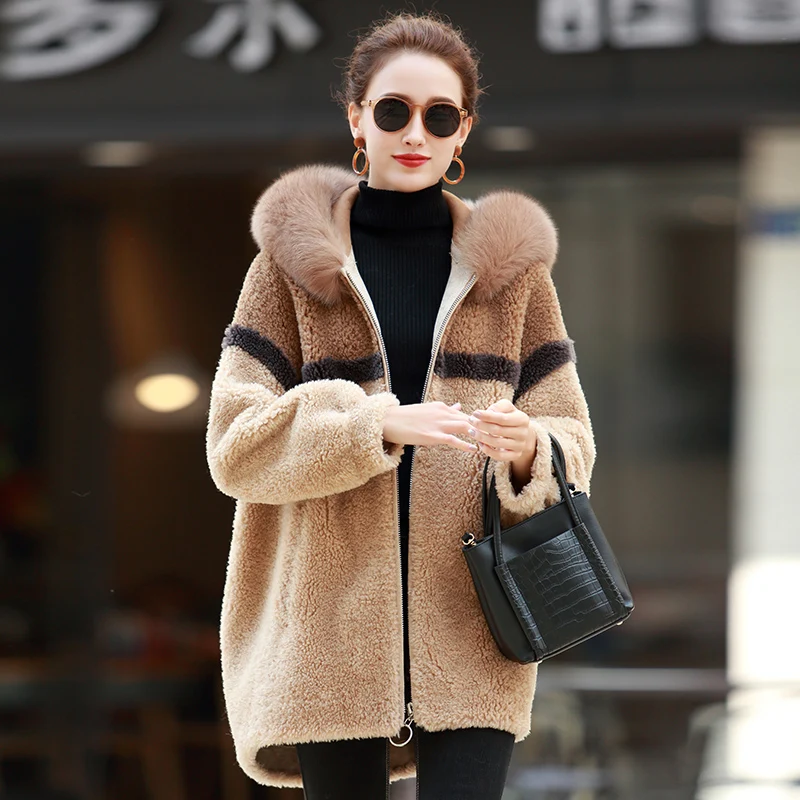 AYUNSUE Real Sheep Shearling Fur Coat Female Fox Fur Collar Real Woo Coats Winter Jacket Women Suede Lining Korean Outwear MY - Color: Brown yellow