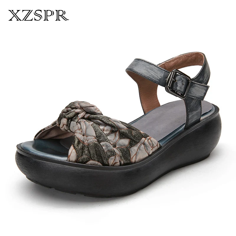 

XZSPR Summer Beach Women Genuine Leather Sandals Flower Print Bowknot Platform Wedges Comfortable Handmade Soft Females Shoes