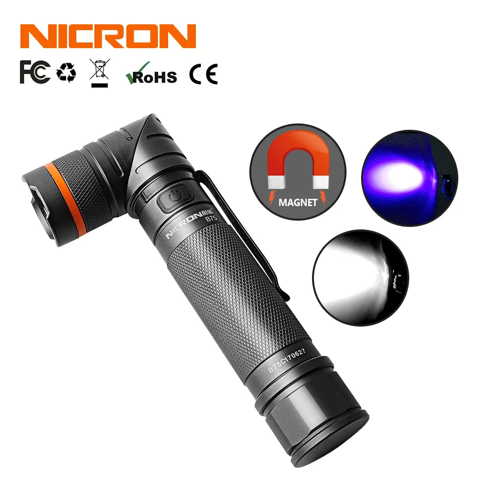 NICRON магнит 90 градусов поворот UV/белый 2 Цвет Перезаряжаемые фонарик 18650 2500 мА/ч