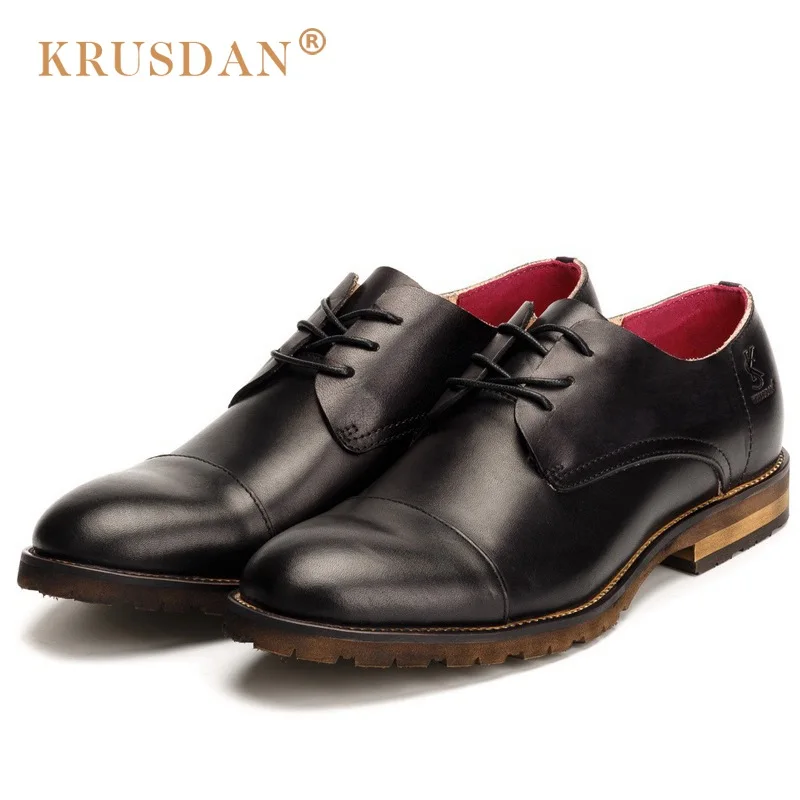 KRUSDAN Vintage Formal Man Derby Dress Shoes Genuine Leather Cap Top Handmade Oxfords Round Toe Lace up Men's Wedding Flats NK62