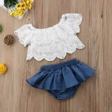 Summer Baby Girls Toddler Off Shoulder Lace Shortsleeve Tops Denim Shorts Dress Outfits Clothes Baby Girl 0-3T
