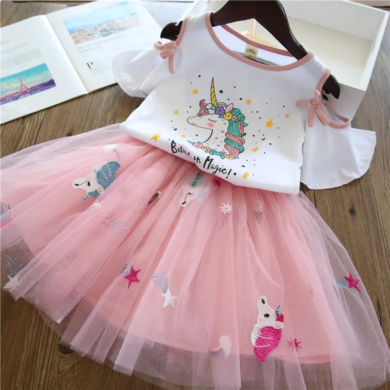 

Toddler Cartoon Unicorn Shirt Plus Fluffy Embroidered Mesh Skirt Suit Girls' Clothing Sets Girls Trumpet Sleeves For 3 4 5 6 7T
