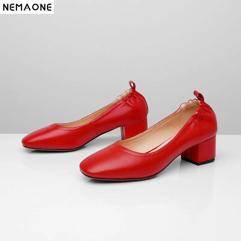

NEMAONE 2019 New high heels cow leather square toe women pumps spring autumn fashion dress shoes woman