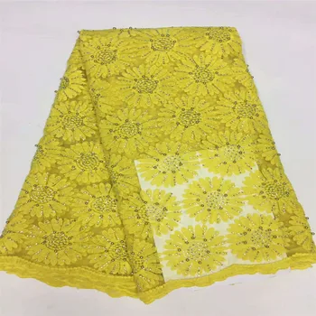 

Nigerian lace fabric 2018 high quality lace Yellow French Stones Net Lace Fabric/High Quality African Beaded Tulle H608-1