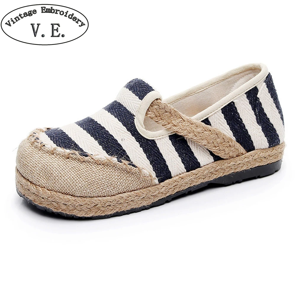 

Vintage Embroidery New Women Spring Striped Flats Chinese Old Beijing Linen Shoes Thailand Boho Hemp Slip On Shoes Plus Size 44